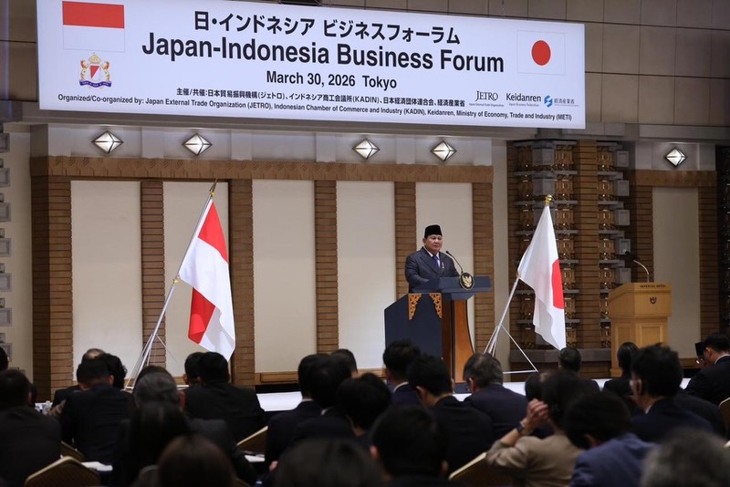 Presiden Republik Indonesia Prabowo Subianto menghadiri Forum Bisnis Indonesia-Jepang yang digelar di Imperial Hotel Tokyo pada Senin, (30/3/2026). (Tangkapan layar @prabowo)