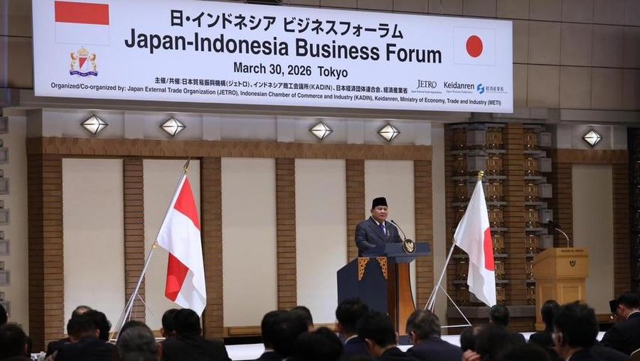 Presiden Republik Indonesia Prabowo Subianto menghadiri Forum Bisnis Indonesia-Jepang yang digelar di Imperial Hotel Tokyo pada Senin, (30/3/2026). (Tangkapan layar @prabowo)