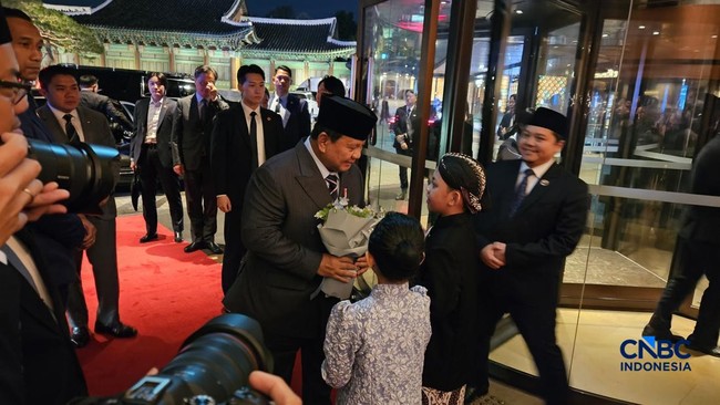 Tiba di Korsel, Prabowo Disambut Diaspora RI dan Terima Bunga Tangan