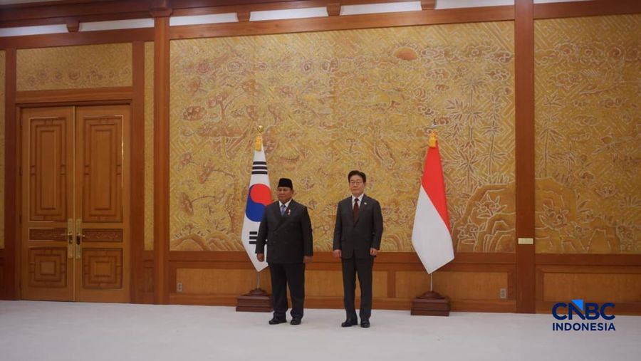 Sesi pertemuan bilateral Presiden Prabowo Subianto dengan Presiden Korea Selatan Lee Jae-myung, dalam rangkaian kunjungan kenegaraan, di Blue House, Rabu (1/4/2026). (CNBC Indonesia/Emir Yanwardhana)