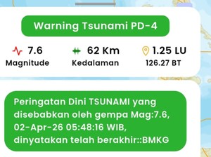 Peringatan Tsunami Usai Gempa M 7,6 Bitung Dinyatakan Berakhir!