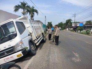 Dikageti Motor Nyalip, Truk Kopdes Merah Putih Nyungsep Selokan di Bojonegoro
