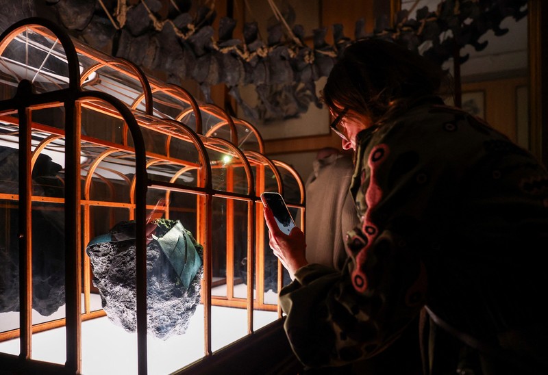 Sebuah tas tangan yang terbuat dari kolagen yang berasal dari fosil T. rex dipamerkan di Museum ArtZoo di Amsterdam, Belanda. (REUTERS/Piroschka van de Wouw)