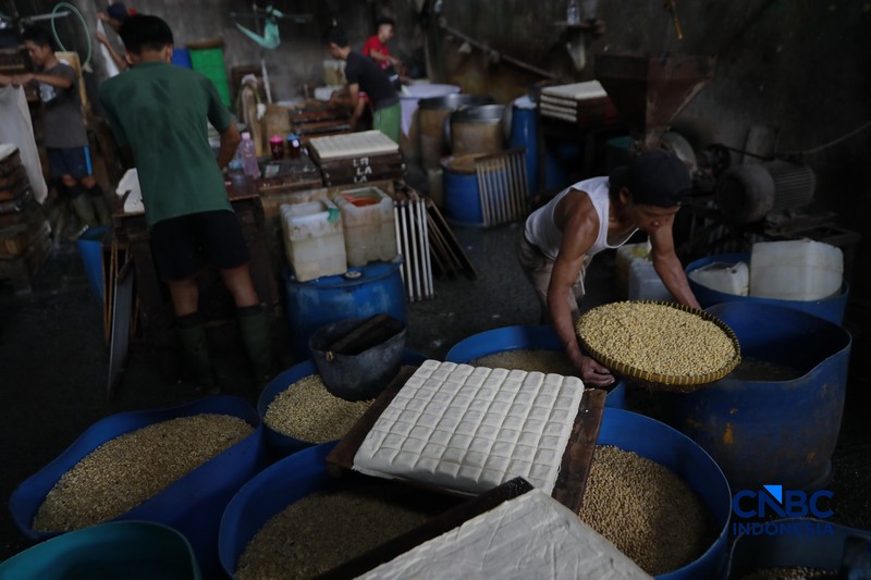 Pekerja membuat tahu berbahan kedelai impor di Kawasan Duren Tiga, Jakarta, Rabu (8/4/2026). (CNBC Indonesia/Muhammad Sabki)