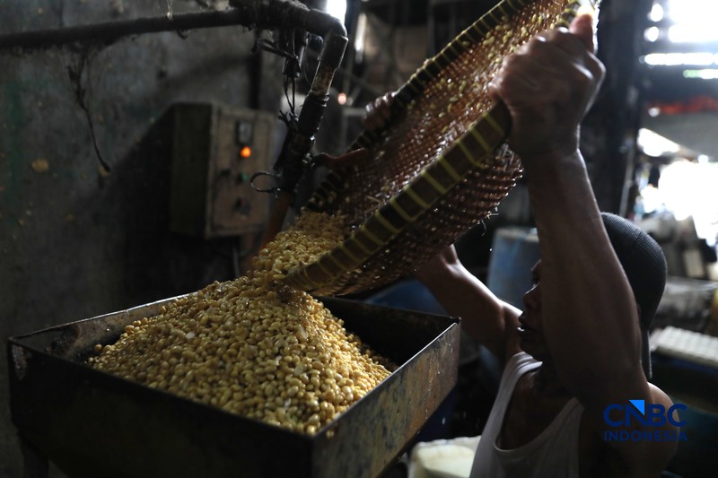 Pekerja membuat tahu berbahan kedelai impor di Kawasan Duren Tiga, Jakarta, Rabu (8/4/2026). (CNBC Indonesia/Muhammad Sabki)