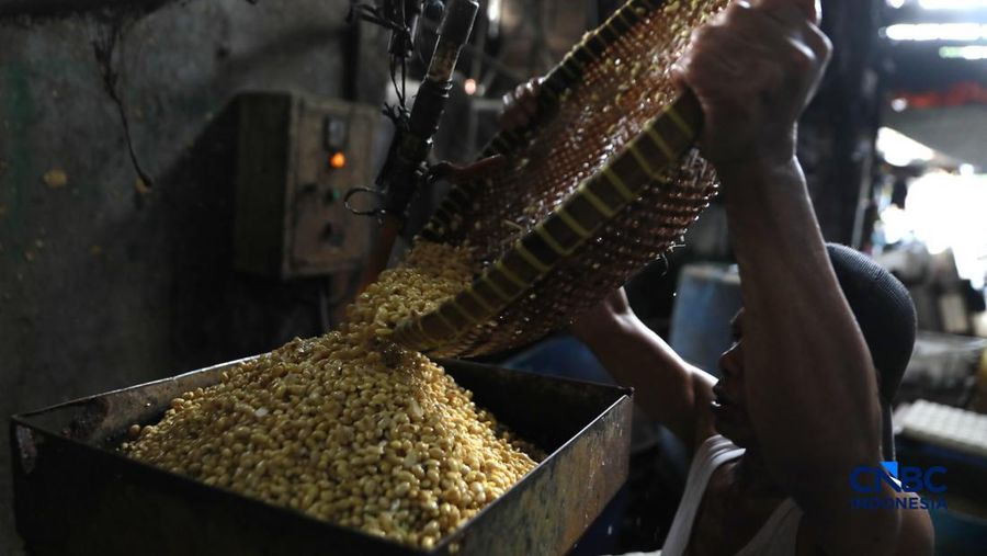 Pekerja membuat tahu berbahan kedelai impor di Kawasan Duren Tiga, Jakarta, Rabu (8/4/2026). (CNBC Indonesia/Muhammad Sabki)