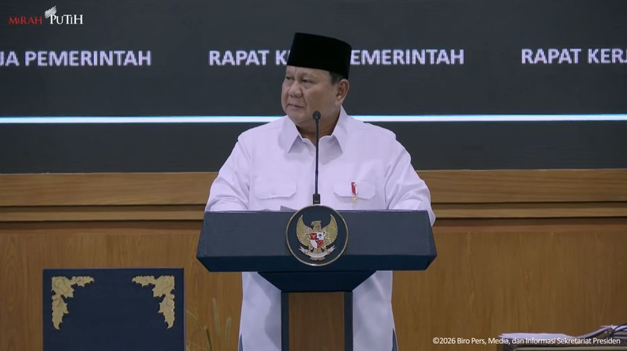 Presiden Prabowo Subianto dalam Taklimat pada Rapat Kerja Pemerintah Anggota Kabinet Merah Putih, Rabu (8/4/2026). (Tangkapan Layar Youtube/Sekretariat Presiden)