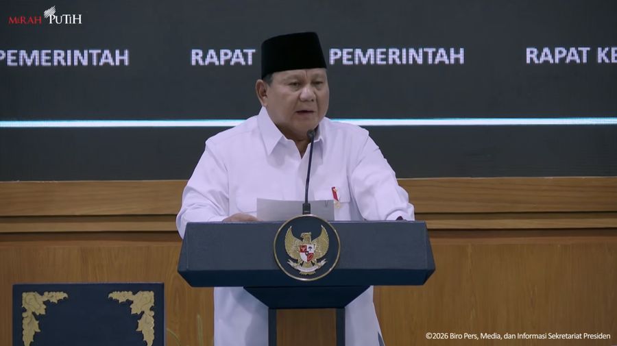 Presiden Prabowo Subianto dalam Taklimat pada Rapat Kerja Pemerintah Anggota Kabinet Merah Putih, Rabu (8/4/2026). (Tangkapan Layar Youtube/Sekretariat Presiden)