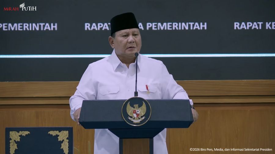 Presiden Prabowo Subianto dalam Taklimat pada Rapat Kerja Pemerintah Anggota Kabinet Merah Putih, Rabu (8/4/2026). (Tangkapan Layar Youtube/Sekretariat Presiden)