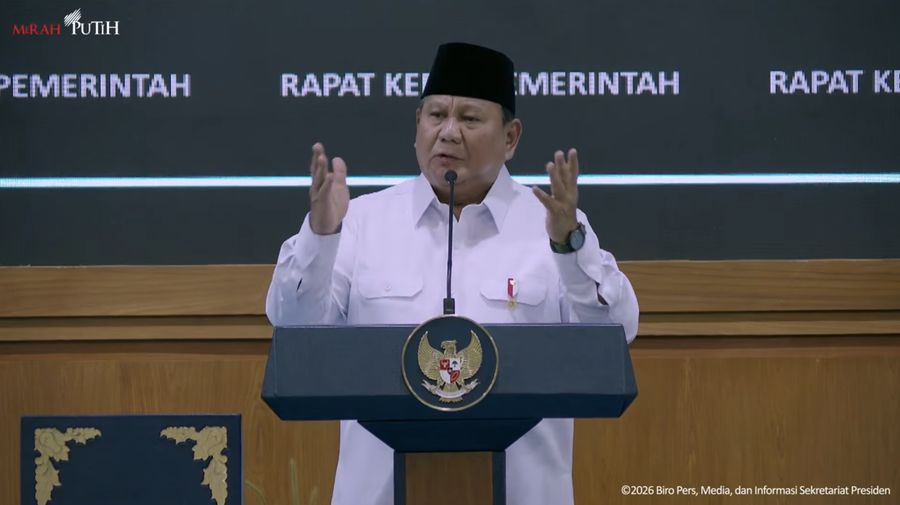 Presiden Prabowo Subianto dalam Taklimat pada Rapat Kerja Pemerintah Anggota Kabinet Merah Putih, Rabu (8/4/2026). (Tangkapan Layar Youtube/Sekretariat Presiden)