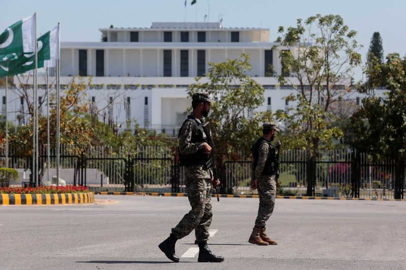 Pakistani Rangers patrol near the President's house, as Pakistan prepares to host the U.S. and Iran for peace talks, in Islamabad, Pakistan, April 10, 2026. REUTERS/Asim Hafeez