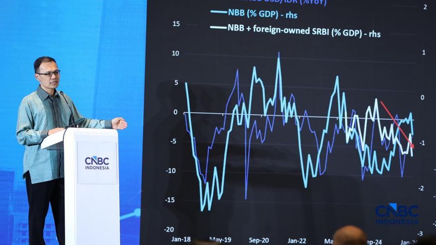 Chief Economist BCA, David Sumual memberi pemaparan dalam acara Central Banking Forum 2026, di Grand Ballroom Hotel Mandarin Oriental, Jakarta, Senin (13/4/2026). (CNBC Indonesia/Tri Susilo)