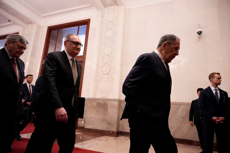 Russia&rsquo;s Foreign Minister Sergei Lavrov walks for a meeting with China&rsquo;s President Xi Jinping at the Great Hall of the People in Beijing, China April 15, 2026. Iori Sagisawa/Pool via REUTERS