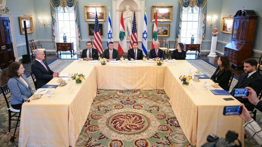 US Secretary of State Marco Rubio (C) speaks during a meeting with Lebanon's Ambassador to the US Nada Hamadeh Moawad (2R) and Israeli Ambassador to the US Yechiel Leiter (2L) at the State Department in Washington, DC, on April 14, 2026. (Photo by Oliver Contreras / AFP)