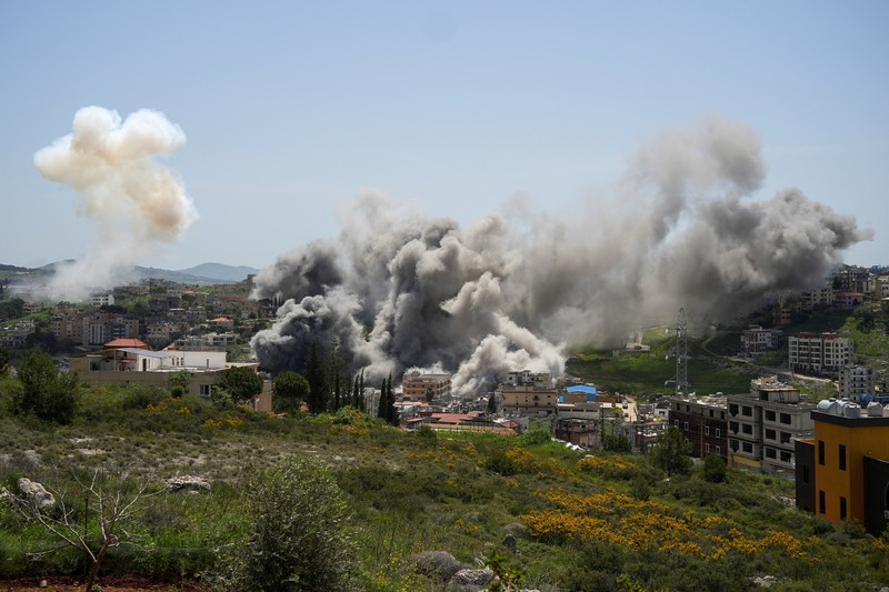 Smoke rises following an Israeli strike in Nabatieh, Lebanon, April 16, 2026.  REUTERS/Stringer