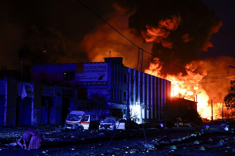 Firefighters work at the site of a recyclable materials warehouse hit by a Russian missile strike, amid Russia's attack on Ukraine, in Kyiv, Ukraine April 16, 2026. REUTERS/Valentyn Ogirenko