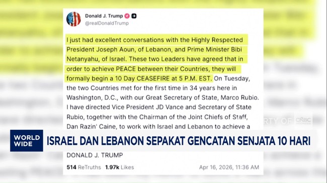 Video: Trump Umumkan Israel dan Lebanon Gencatan Senjata 10 Hari