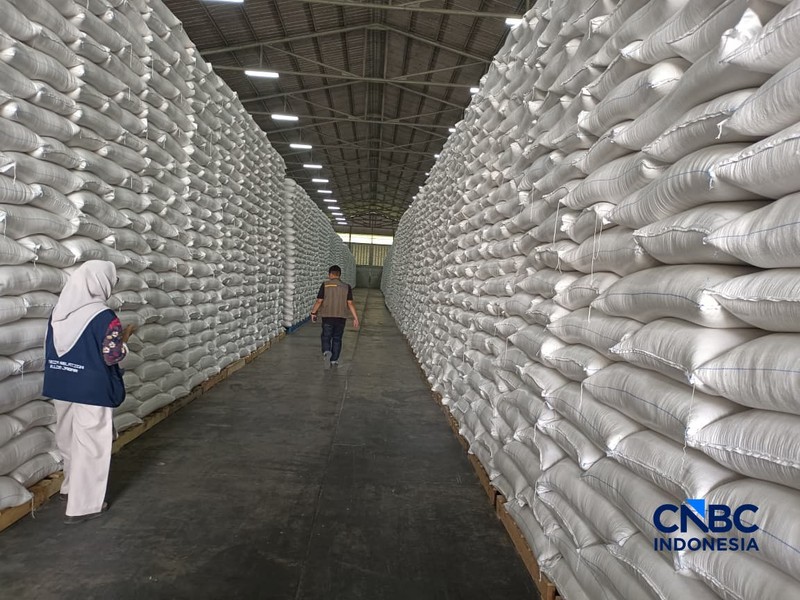 Inspeksi Mendadak Menteri Pertanian dan Direktur Utama Perum Bulog dalam rangka pengecekan stok beras di JDP karawang 1 Logistic Park, Karawang, Jawa Barat, Kamis (23/4/2026). (CNBC Indonesia/Martya Rizky)