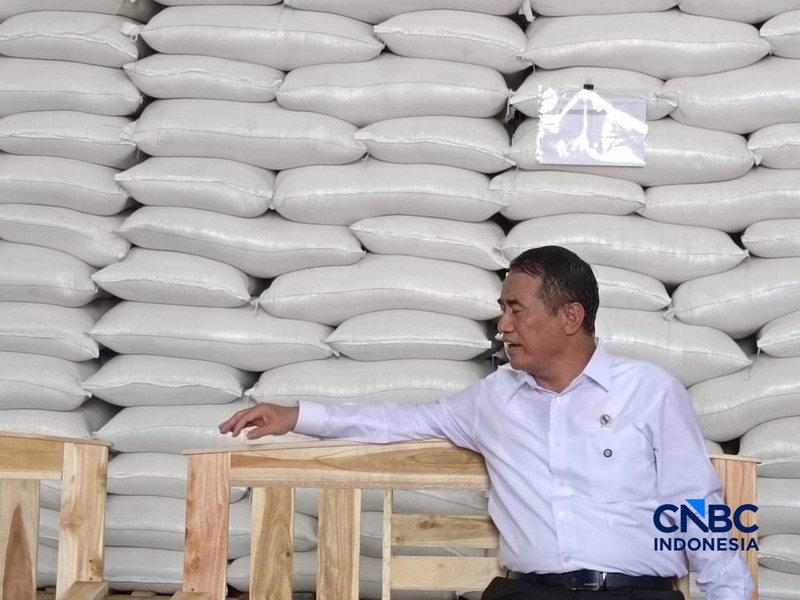 Inspeksi Mendadak Menteri Pertanian dan Direktur Utama Perum Bulog dalam rangka pengecekan stok beras di JDP karawang 1 Logistic Park, Karawang, Jawa Barat, Kamis (23/4/2026). (CNBC Indonesia/Martya Rizky)