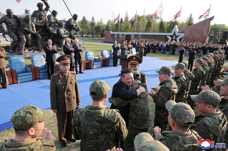 North Korean leader Kim Jong Un, Russia's Defence Minister Andrey Belousov and Russia's State Duma Chairman Vyacheslav Volodin raise a toast during a banquet hosted for the Russian delegate visiting North Korea to attend the opening ceremony of the Memorial Museum of Combat Feats at the Overseas Military Operations honouring North Korean troops killed while fighting for Russia in the war against Ukraine, in Pyongyang, North Korea, April 26, 2026, in this picture released by North Korea's official Korean Central News Agency. KCNA via REUTERS    ATTENTION EDITORS - THIS IMAGE WAS PROVIDED BY A THIRD PARTY. REUTERS IS UNABLE TO INDEPENDENTLY VERIFY THIS IMAGE. NO THIRD PARTY SALES. SOUTH KOREA OUT. NO COMMERCIAL OR EDITORIAL SALES IN SOUTH KOREA.