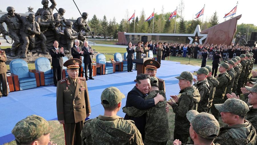 North Korean leader Kim Jong Un greets soldiers during the opening ceremony of the Memorial Museum of Combat Feats at the Overseas Military Operations honouring North Korean troops killed while fighting for Russia in the war against Ukraine, in Pyong