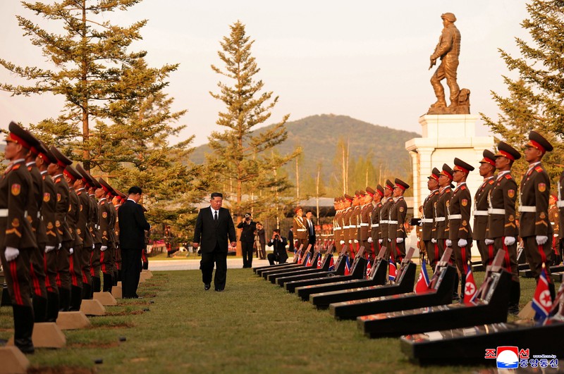 North Korean leader Kim Jong Un, Russia's Defence Minister Andrey Belousov and Russia's State Duma Chairman Vyacheslav Volodin raise a toast during a banquet hosted for the Russian delegate visiting North Korea to attend the opening ceremony of the Memorial Museum of Combat Feats at the Overseas Military Operations honouring North Korean troops killed while fighting for Russia in the war against Ukraine, in Pyongyang, North Korea, April 26, 2026, in this picture released by North Korea's official Korean Central News Agency. KCNA via REUTERS    ATTENTION EDITORS - THIS IMAGE WAS PROVIDED BY A THIRD PARTY. REUTERS IS UNABLE TO INDEPENDENTLY VERIFY THIS IMAGE. NO THIRD PARTY SALES. SOUTH KOREA OUT. NO COMMERCIAL OR EDITORIAL SALES IN SOUTH KOREA.