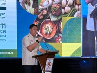 Wakil Menteri Pertanian (Wamentan) sekaligus Ketua Umum Himpunan Kerukunan Tani Indonesia (HKTI), Sudaryono dalam acara Launching Inno Food di Auditorium Kementan, Jakarta, Senin (27/4/2026). (CNBC Indonesia/Martyasari Rizki)