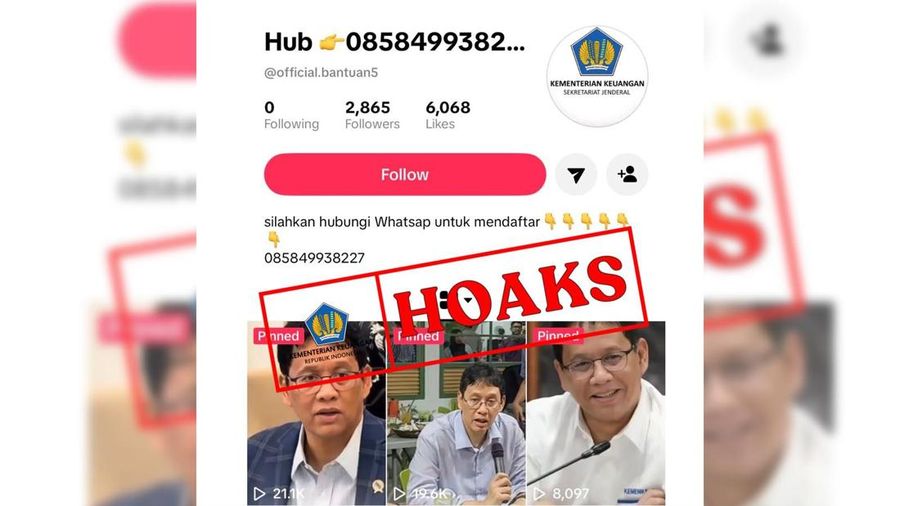Akun TikTok official.bantuan5  merupakan akun palsu yang mengatasnamakan Sekretariat Jenderal Kementerian Keuangan dan informasi yang diunggah merupakan video deep fake, informasi palsu atau hoaks. (Dok. PPID Kemenkeu)