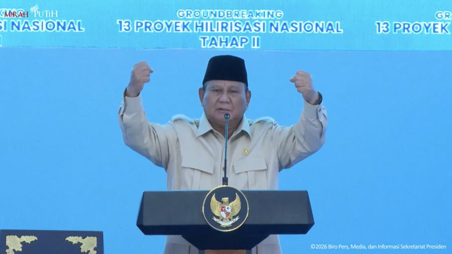 Presiden Prabowo Subianto menyampaikan sambutan dalam Groundbreaking 13 Proyek Hilirisasi Nasional Tahap II, Cilacap, Rabu (29/4/2026). (Tangkapan Layar Youtube/Sekretariat Presiden)