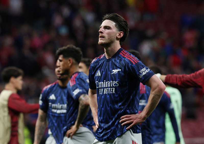 Declan Rice dari Arsenal terlihat usai pertandingan melawan Atletico Madrid pada leg pertama semifinal Liga Champions UEFA di Riyadh Air Metropolitano, Rabu (29/4/2026). (REUTERS/Violeta Santos Moura)