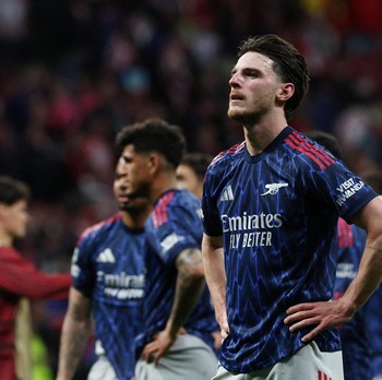 Declan Rice dari Arsenal terlihat usai pertandingan melawan Atletico Madrid pada leg pertama semifinal Liga Champions UEFA di Riyadh Air Metropolitano, Rabu (29/4/2026). (REUTERS/Violeta Santos Moura)