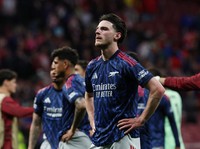 Declan Rice dari Arsenal terlihat usai pertandingan melawan Atletico Madrid pada leg pertama semifinal Liga Champions UEFA di Riyadh Air Metropolitano, Rabu (29/4/2026). (REUTERS/Violeta Santos Moura)