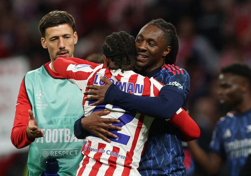 Declan Rice dari Arsenal terlihat usai pertandingan melawan Atletico Madrid pada leg pertama semifinal Liga Champions UEFA di Riyadh Air Metropolitano, Rabu (29/4/2026). (REUTERS/Violeta Santos Moura)