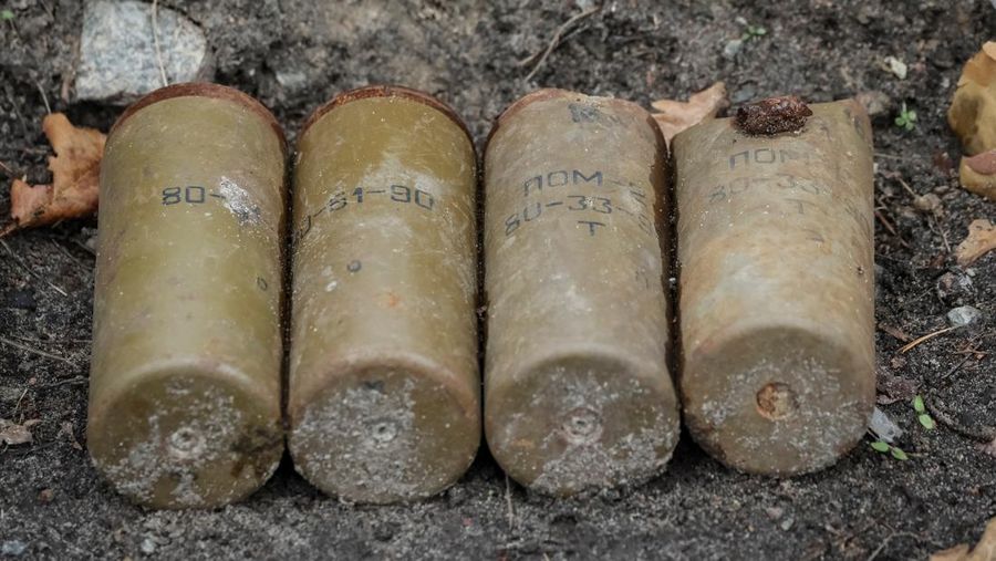 HALO Trust (Hazardous Area Life-support Organization), sebuah organisasi non-pemerintah kemanusiaan yang terutama bekerja untuk membersihkan ranjau darat dan alat peledak lainnya di desa Myrotske, wilayah Kyiv, Ukraina. (REUTERS/Gleb Garanich)