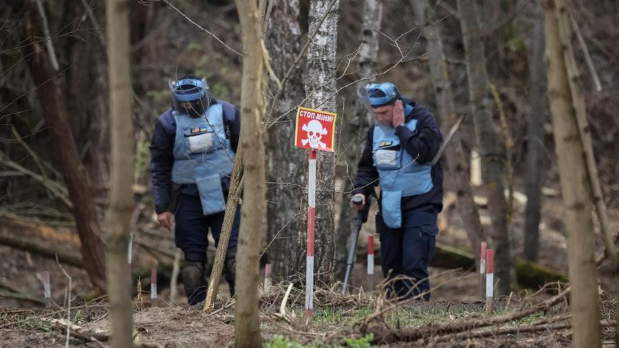 HALO Trust (Hazardous Area Life-support Organization), sebuah organisasi non-pemerintah kemanusiaan yang terutama bekerja untuk membersihkan ranjau darat dan alat peledak lainnya di desa Myrotske, wilayah Kyiv, Ukraina. (REUTERS/Gleb Garanich)