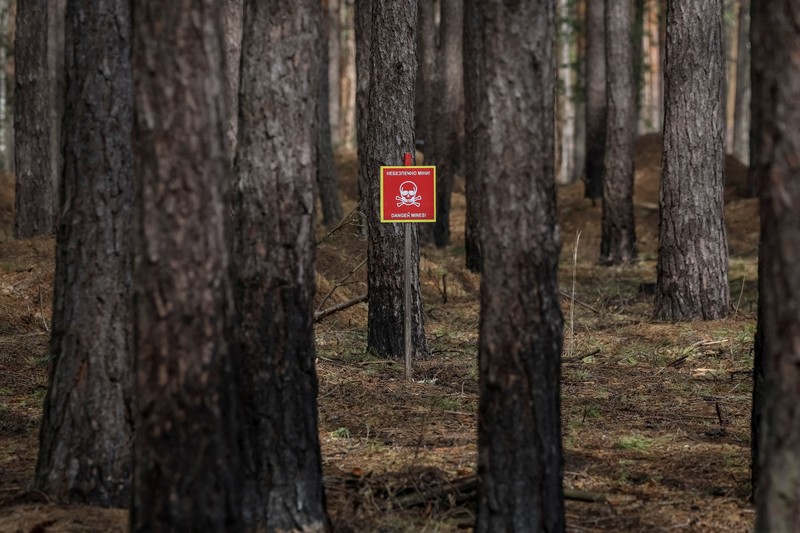 HALO Trust (Hazardous Area Life-support Organization), sebuah organisasi non-pemerintah kemanusiaan yang terutama bekerja untuk membersihkan ranjau darat dan alat peledak lainnya di desa Myrotske, wilayah Kyiv, Ukraina. (REUTERS/Gleb Garanich)