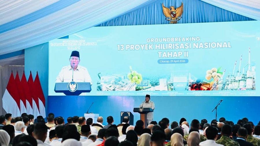 Presiden Prabowo Subianto dalam acara groundbreaking proyek hilirisasi nasional tahap II di Refinery Unit IV Cilacap, Jawa Tengah, pada Rabu, 29 April 2026 (Dok Istimewa).