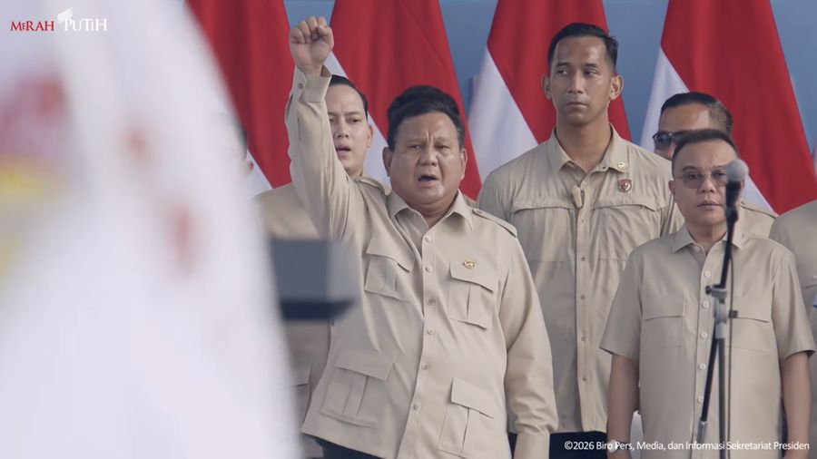 Foto: Presiden Prabowo Subianto saat menghadiri puncak peringatan Hari Buruh Internasional di kawasan Monumen Nasional, Jakarta, Jumat (1/5/2026). (Tangkapan Layar YouTube Sekretariat Presiden)