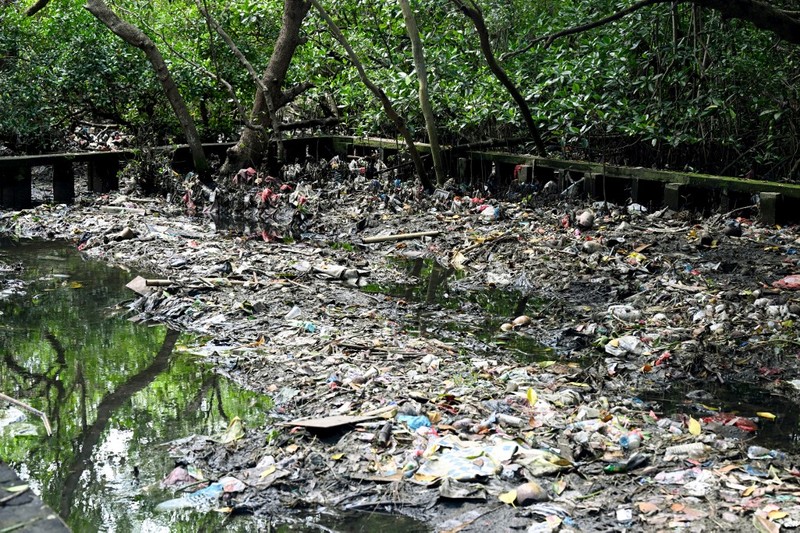 Sampah plastik terlihat berserakan di bawah pohon bakau di pusat konservasi bakau dekat Denpasar di pulau wisata Bali, pada 30 April 2026. (Photo by SONNY TUMBELAKA / AFP)