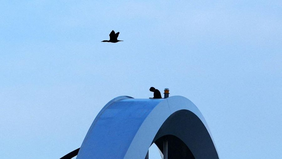 Seorang pengunjuk rasa  berada di atas Jembatan Memorial Frederick Douglass pada Hari Buruh, di Washington, D.C., AS, Jumat (1/5/2026). (REUTERS/Aaron Schwartz)