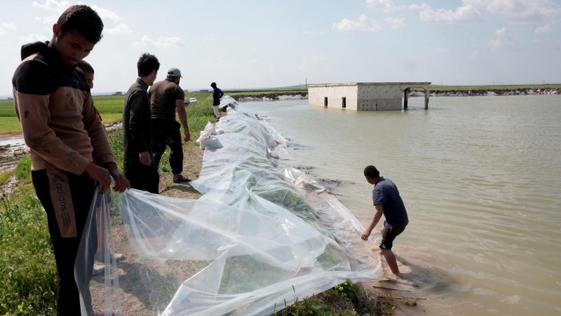Banjir rendam sebuah desa di Aleppo, Suriah. (REUTERS/Mahmoud Hassano)