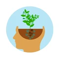 Ilustrasi kepala manusia dengan tanaman tumbuh, melambangkan pola pikir berkembang (growth mindset) dan proses belajar serta pertumbuhan diri.