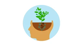 Ilustrasi kepala manusia dengan tanaman tumbuh, melambangkan pola pikir berkembang (growth mindset) dan proses belajar serta pertumbuhan diri.