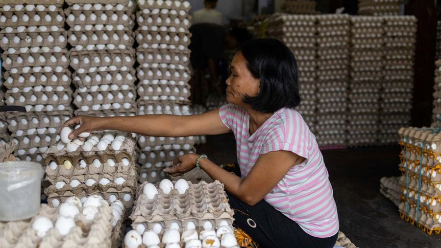 Para pekerja menyortir peti-peti telur segar di pasar umum di Manila, Filipina, 4 Mei 2026.