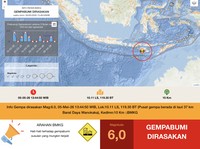 Info Gempa dirasakan Mag:6.0, 05-Mei-26 13:44:50 WIB, Lok:10.11 LS, 119.30 BT (Pusat gempa berada di laut 37 km Barat Daya Wanokaka), Kedlmn:10 Km. (Dok: BMKG)