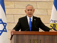 Perdana Menteri Israel Benjamin Netanyahu menghadiri acara pembukaan Hari Peringatan di Gedung Yad LaBanim di Yerusalem pada 20 April 2026. (Marc Israel Sellem/Pool via REUTERS)