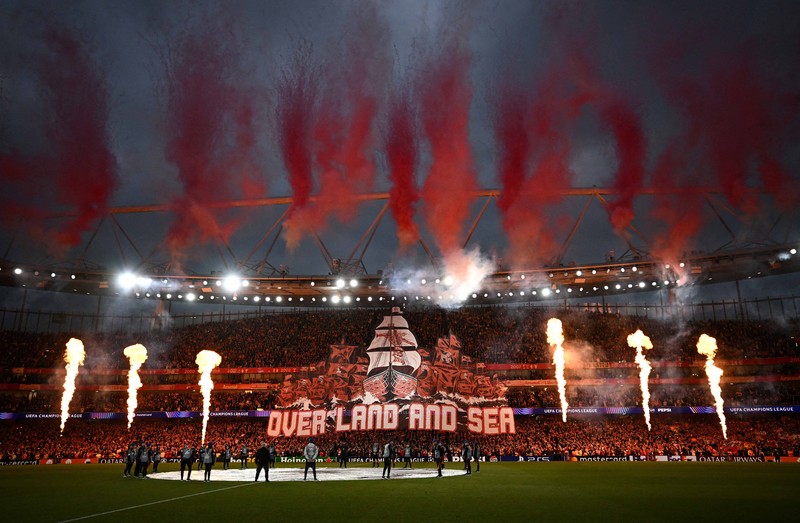 Soccer Football - UEFA Champions League - Semi Final - Second Leg - Arsenal v Atletico Madrid - Emirates Stadium, London, Britain - May 5, 2026
Arsenal fans display a tifo before the match REUTERS/Dylan Martinez     TPX IMAGES OF THE DAY