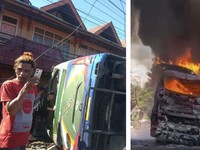 Bus ALS Terjepit di Padang Panjang, Sumbar (6/5/2025)(kiri) dan Kecelakaan maut bus ALS di Jalan Lintas Sumatera, Kecamatan Karang Jaya, Rabu (6/5/2026) (Kanan). (ist Detikcom)