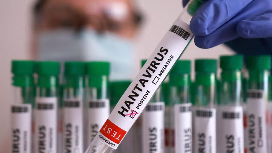 Dalam ilustrasi ini, yang diambil pada 7 Mei 2026, terlihat sebuah tabung reaksi berlabel "Hantavirus positif". (REUTERS/Dado Ruvic/Illustration)