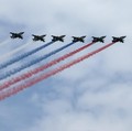 Russia's Su-25 jet aircraft release smoke in the colours of the Russian state flag during a flypast rehearsal for a military parade, which marks the 81st anniversary of victory over Nazi Germany in World War Two, in central Moscow, Russia, May 6, 202